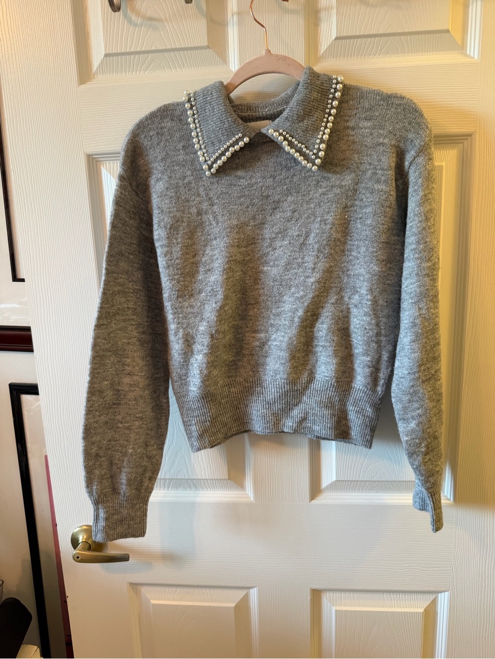 H&M Gray Crewneck Sweater with Pearl-Trim Collar
